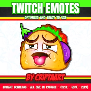 May include: A cartoon taco emote with a purple eggplant sticking out of the top. The taco has a surprised expression with blushing cheeks and a red tongue sticking out. The emote is optimized for Twitch.