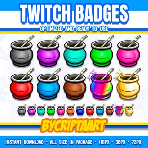Puede incluir: Un conjunto de 12 insignias de Twitch que presentan una ilustración de dibujos animados de una calabaza mate sudamericana tradicional en varios colores, incluidos rojo, azul, verde, dorado y arcoíris. Las insignias están optimizadas para su uso en Twitch y están disponibles en tres tamaños: 18 px, 36 px y 72 px.