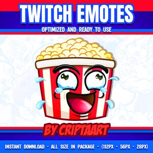 Puede incluir: Una ilustración de dibujos animados de un cubo de palomitas de maíz a rayas rojas y blancas con una cara sonriente y lágrimas corriendo por sus mejillas. El cubo está lleno de palomitas de maíz amarillas. El texto "TWITCH EMOTES" está en la parte superior de la imagen, y el texto "BY CRIPTAART" está en la parte inferior de la imagen.