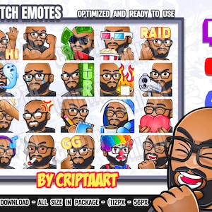 Bald Dark Skin Guy Twitch Emotes / Beard and Glasses Mega Pack Emotes, Emojis Bundle, Channel Points, Subscribers / Stream, Discord, Youtube
