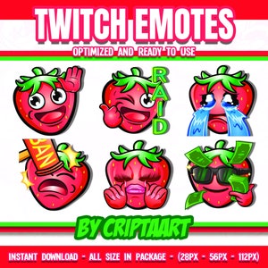 May include: Set of six Twitch emotes featuring a cartoon strawberry with different expressions. The emotes include "Raid", "Ban", "Cry", "Happy", "Wink", and "Money".