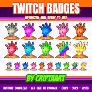 Zombie Hand Twitch Badges, Spooky, Halloween, Cheers, Subscribers/Stream, Discord, Youtube, Kick, Tiktok