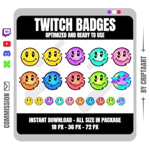 Puede incluir: Un gráfico digital con insignias de Twitch con diseños de caras sonrientes en varios colores. Se muestra el texto "TWITCH BADGES" y "OPTIMIZED AND READY TO USE". La imagen también incluye el texto "INSTANT DOWNLOAD - ALL SIZE IN PACKAGE 18 PX - 36 PX - 72 PX".