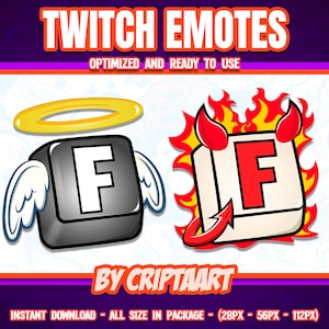 Angel & Demon F Key Emote for Twitch, Discord, Kick, YouTube - Shiny F in Chat RIP Vibes for Gamers! Funny Meme Streaming Sticker