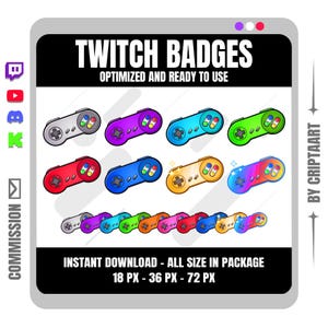 Pode incluir: Uma coleção digital de emblemas Twitch com controladores de jogo em estilo retrô em várias cores, incluindo cinza, roxo, azul, verde, vermelho, dourado e arco-íris. O texto diz TWITCH BADGES, OPTIMIZED AND READY TO USE e INSTANT DOWNLOAD.