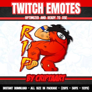 May include: A red and yellow Twitch emote featuring a cartoon character with a ripped red shirt and the word "RIP" in a stylized font.