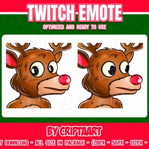 May include: A cartoon reindeer with large, wide eyes and a red nose. The reindeer is looking to the right. The image is a Twitch emote.