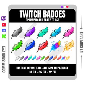 Puede incluir: Un gráfico de arte digital con una colección de diseños de plumas coloridas. Las plumas son de varios colores, incluyendo gris, morado, verde, azul, rojo y amarillo. El texto en la parte superior dice "Twitch Badges" y "Optimized and Ready to Use."