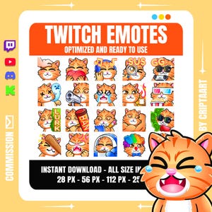 May include: A digital graphic showcasing a variety of orange tabby cat Twitch emotes. Each emote depicts a different emotion or action, including holding a heart, wearing sunglasses, or crying. The text "TWITCH EMOTES" is displayed at the top of the image.