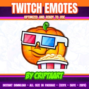 Puede incluir: Una calabaza de dibujos animados con gafas 3D y sosteniendo un cubo de palomitas de maíz. La calabaza tiene una expresión feliz y lleva gafas 3D rojas y azules. El cubo de palomitas de maíz es blanco con rayas rojas y blancas. El fondo es blanco con un patrón gris claro.