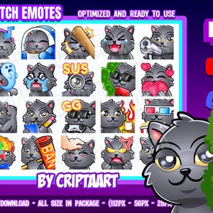 Gray Cat Mega Pack Emotes, Chibi Emojis Bundle, Channel Points, Subscriber/Stream Graphics, Discord, Youtube, Tiktok