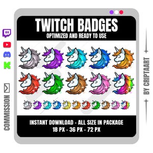 Peut inclure: Graphique numérique présentant des badges licorne colorés. Les badges sont de différentes couleurs, notamment violet, bleu et orange, avec le texte "TWITCH BADGES" et "OPTIMIZED AND READY TO USE". L'image comprend également le texte "INSTANT DOWNLOAD - ALL SIZE IN PACKAGE 18 PX - 36 PX - 72 PX".