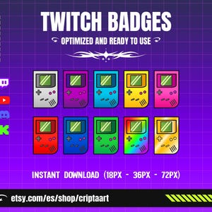 May include: A set of ten digital handheld game console icons in various colors including grey, purple, blue, yellow, pink, red, green, and rainbow gradients. The text reads TWITCH BADGES OPTIMIZED AND READY TO USE INSTANT DOWNLOAD 18PX 36PX 72PX.