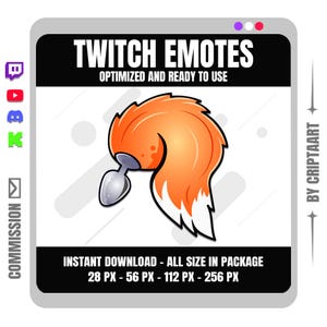 Puede incluir: Gráfico digital para emotes de Twitch, con una cola de zorro de dibujos animados con un enchufe plateado. El diseño es naranja y blanco, con el texto "TWITCH EMOTES" y "OPTIMIZED AND READY TO USE". Incluye tamaños 28 px, 56 px, 112 px y 256 px.