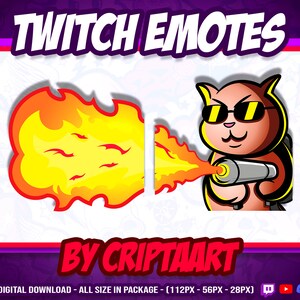 May include: A set of two Twitch emotes featuring a cartoon cat wearing sunglasses and holding a flamethrower, and a separate image of a fiery explosion. The text "TWITCH EMOTES" and "BY CRIPTAART" are displayed above and below the images, respectively. The text "DIGITAL DOWNLOAD - ALL SIZE IN PACKAGE - (112PX - 56PX - 28PX)" is displayed below the text "BY CRIPTAART".