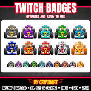 May include: A set of 18 Twitch badges featuring cartoon race cars in various colors, including blue, red, green, yellow, orange, purple, and gray. The badges are optimized for use on Twitch and are available in three sizes: 18px, 36px, and 72px.