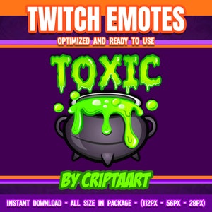 Puede incluir: Emote de Twitch verde y negro con un caldero con líquido verde goteando y la palabra "TOXIC" en letras verdes goteando.
