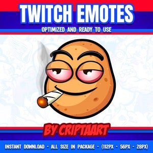 Emotka Twitch Potato Smoking Twitch, emoji 420 Sub, punkty kanału jedzenie, chill, grafika streamera, Discord, Youtube, Tiktok