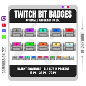 Puede incluir: Un gráfico digital con insignias de Twitch Bit en varios colores y diseños. Se muestra el texto "TWITCH BIT BADGES" y "OPTIMIZED AND READY TO USE". La imagen también incluye el texto "INSTANT DOWNLOAD - ALL SIZE IN PACKAGE 18 PX - 36 PX - 72 PX".