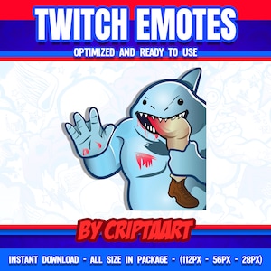 Puede incluir: Un tiburón azul de dibujos animados con una sonrisa de dientes come un cono de helado rosa y blanco. El tiburón lleva una bota marrón en su pie derecho. La imagen es un emote de Twitch.