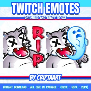May include: A set of three Twitch emotes featuring a cartoon wolf with a red RIP sign, a cartoon wolf with a ghost, and a cartoon wolf with a red RIP sign and a ghost. The emotes are optimized for use on Twitch.