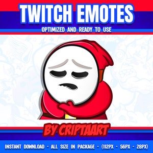 May include: A red and white cartoon character with a sad expression. The character is wearing a red hooded cloak. The image is labeled "Twitch Emotes" and "By Criptaart".
