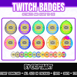Op de afbeelding: Digitale afbeelding met Twitch-badges in de stijl van retro handheld gameconsoles, in verschillende kleuren. De tekst "TWITCH BADGES" en "OPTIMIZED AND READY TO USE" staan bovenaan. De tekst onderaan luidt "BY CRIPTAART" en "INSTANT DOWNLOAD - ALL SIZE IN PACKAGE - (18PX - 36PX - 72PX)".