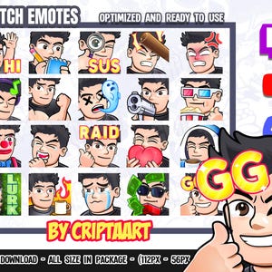 Pack d'émoticônes Twitch pour homme aux cheveux noirs, pack d'émoticônes, points de chaîne, abonnés/stream, Discord, YouTube, TikTok