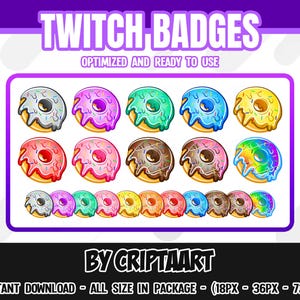 Donut Sub Badges for Twitch Discord - Funny Glazed Doughnut Bit Badges for Streamers - Sweet Foodie Channel Points Reward Pack