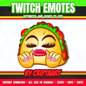 Könnte beinhalten: Ein Cartoon-Taco mit Wimpern und rosa Nagellack, mit dem Text "BY CRIPTAART" darunter. Das Bild ist ein Twitch-Emote.