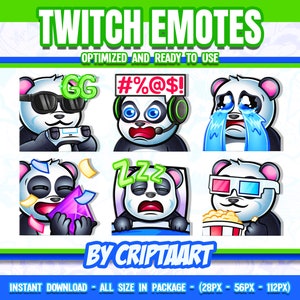 Chibi Panda Twitch Emote Pack - 6 Cute Mascot Designs: Popcorn 3D, GG, Bits, Angry, Sad, Sleepy for Streamers, Discord, Kick, YouTube
