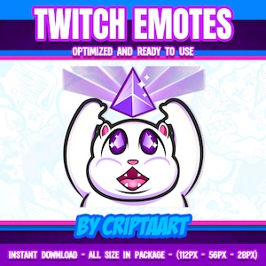 May include: A white cartoon character with a purple crystal on its head, wearing a surprised expression. The character is surrounded by a purple and blue light. The text "TWITCH EMOTES" is at the top of the image. The text "BY CRIPTAART" is at the bottom of the image.
