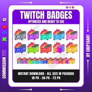 Puede incluir: Un gráfico digital con insignias de Twitch. Las insignias representan contenedores de basura de dibujos animados coloridos con llamas. El texto incluye "TWITCH BADGES" y "OPTIMIZED AND READY TO USE". La imagen también indica "INSTANT DOWNLOAD - ALL SIZE IN PACKAGE 18 PX - 36 PX - 72 PX".