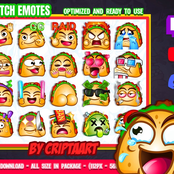 Taco emotes mega pack, fast food Twitch emoji, kawaii icons, items for movie streaming, Discord, Tiktok, Youtube