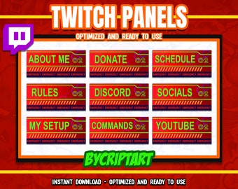 Cyberpunk Twitch Panels - 16 Neon Red Mech Stream Buttons for Twitch and Kick