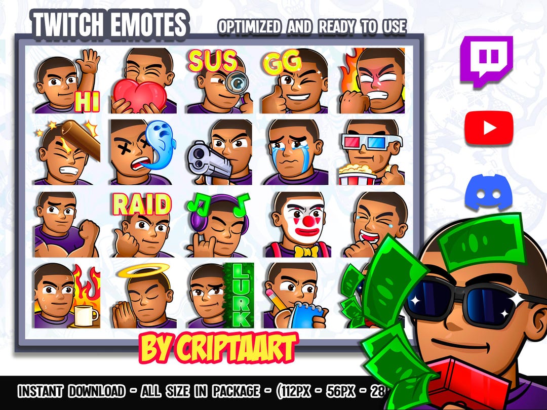 Dark Skin Guy Twitch and Discord Emotes Pack - Emojis Bundle for ...