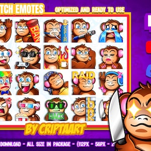 Pack d'émoticônes Twitch Monkey Mega, points de chaîne amusants, acclamations, abonnés / graphiques de flux, Youtube, Kick, Tiktok