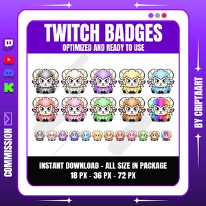 Puede incluir: Un diseño gráfico digital con insignias de Twitch con ovejas de dibujos animados en varios colores, incluyendo gris, blanco, morado, amarillo y azul. El texto "TWITCH BADGES" se muestra en la parte superior, con "OPTIMIZED AND READY TO USE" debajo.