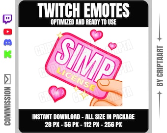 Emote "Simp License" para Twitch, Meme "Simp Card" com emoji de inscrição, Amor na transmissão, Coração, Emote de texto, Pontos do canal