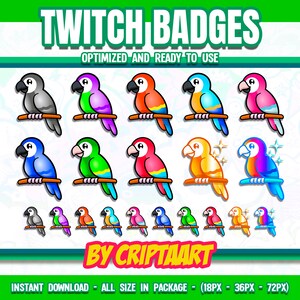 Puede incluir: Un conjunto de 12 insignias de Twitch de loros coloridos en varias poses, incluyendo un loro gris, un loro rosa, un loro azul, un loro verde y un loro amarillo. Las insignias están optimizadas para su uso en Twitch y están disponibles en tres tamaños: 18px, 36px y 72px.