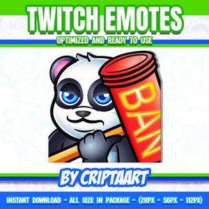 Panda Hammer Ban Twitch Emote, Bear Mod Emoji, Kawaii Channel Points / Streaming, Discord, Kick, Youtube, Tiktok