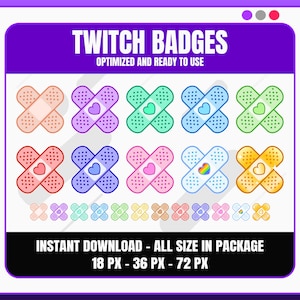 Puede incluir: Gráfico digital de insignias de Twitch con forma de vendas de colores, cada una con un diseño de corazón o arcoíris. El texto dice "TWITCH BADGES" y "OPTIMIZADO Y LISTO PARA USAR". Incluye tamaños de 18, 36 y 72 píxeles.
