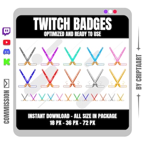 Puede incluir: Gráfico digital con insignias de palos de hockey en varios colores, incluyendo morado, azul y naranja. El texto "TWITCH BADGES" se muestra en la parte superior, con "OPTIMIZED AND READY TO USE" debajo. El texto inferior dice "INSTANT DOWNLOAD - ALL SIZE IN PACKAGE 18 PX - 36 PX - 72 PX."