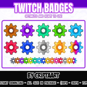 Puede incluir: Gráfico de insignias de Twitch con forma de engranajes en varios colores, como naranja, morado, verde y azul. El texto "TWITCH BADGES" y "OPTIMIZED AND READY TO USE" se muestran en la parte superior. La parte inferior del gráfico dice "BY CRIPTAART".