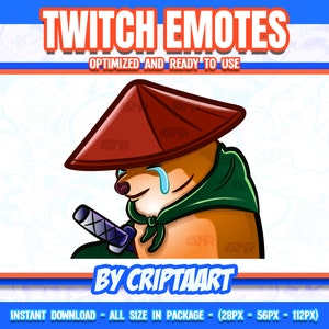 Puede incluir: Una ilustración de dibujos animados de un perro con un sombrero rojo y blanco y una capa verde. El perro sostiene una espada y tiene una lágrima que le cae del ojo. La imagen es un emote de Twitch.