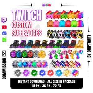 Puede incluir: Un conjunto de insignias personalizadas para Twitch, con diseños variados: patines, cascos, botes de spray y marcas de verificación. El texto "TWITCH CUSTOM SUB BADGES" se muestra de forma destacada.