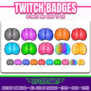 May include: A collection of colorful brain-shaped Twitch badges. The badges are in various colors, including gray, purple, blue, orange, and red. The text "TWITCH BADGES" is at the top, with "OPTIMIZED AND READY TO USE" below it.