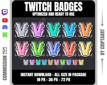 Letter V Twitch Badges | Logo Sub Badges for Streamers | Twitch, Discord, YouTube, TikTok, Kick