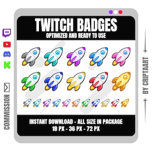 以下が含まれることがあります： Twitch 用のカラフルなロケットシップバッジのコレクションが特徴のデジタルグラフィック。 バッジの色は、グレー、ティール、パープル、ブルー、ピンク、グリーン、イエロー、レッドなど。 テキストには「TWITCH BADGES」と「OPTIMIZED AND READY TO USE」が含まれています。