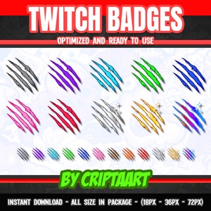 Puede incluir: Un conjunto de 18 insignias de Twitch con marcas de garras en varios colores, incluidos gris, morado, azul, verde, rosa, rojo, plateado, dorado y azul con brillo. Las insignias están optimizadas para su uso en Twitch y están disponibles en tres tamaños: 18 px, 36 px y 72 px.